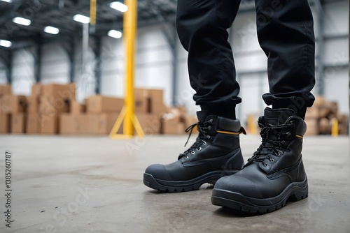 Cropped photo of worker's black safety boots in industrial warehouse background with copy space