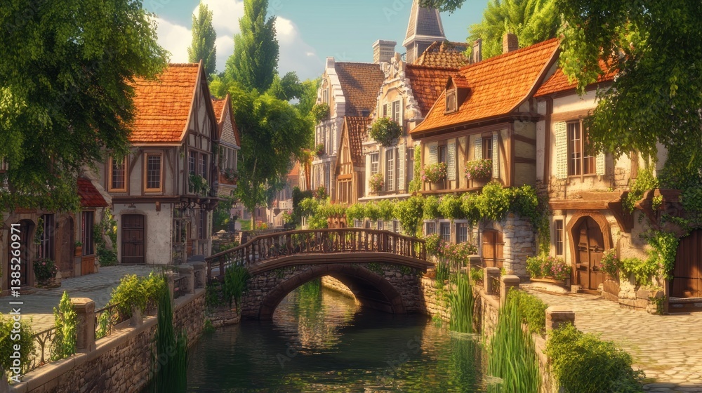 Obraz premium Idyllic canal town bridge sunny day game background
