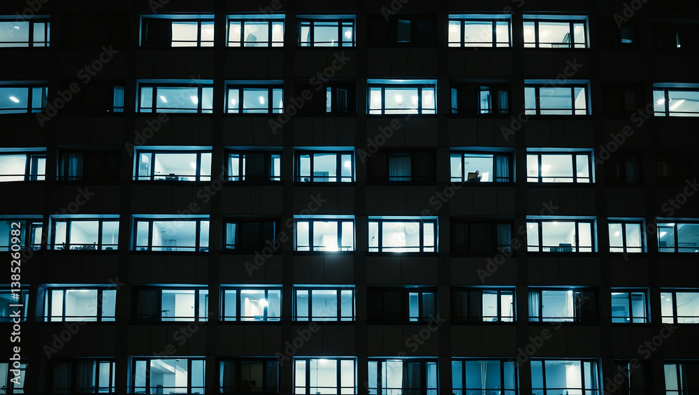 Obraz premium Illuminated building with open windows at night