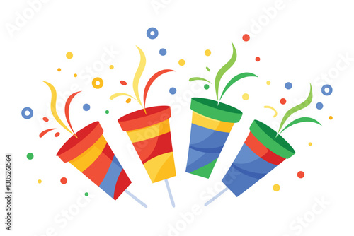 Festive Party Poppers with Colorful Confetti on White Backdrop Celebration