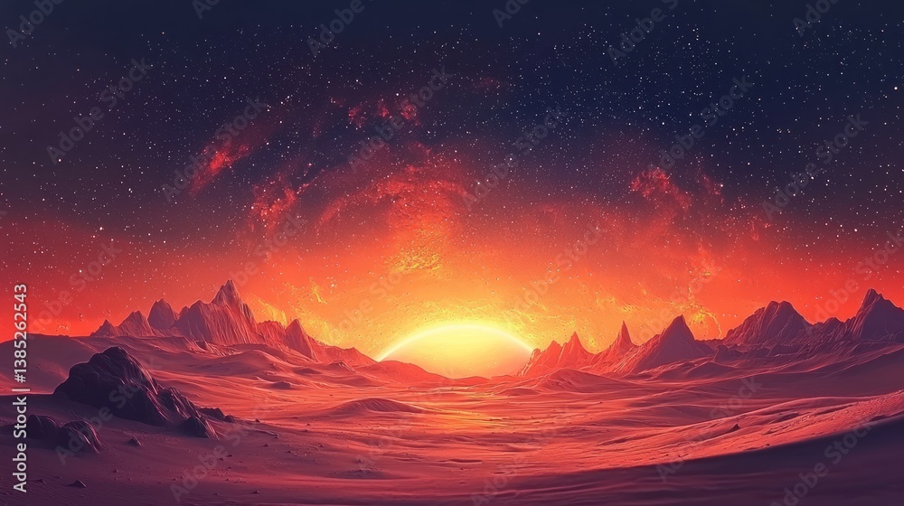 Alien planet sunrise, red mountains, starry sky, fantasy landscape, game background Alien planet sunrise, red mountains, starry sky, fantasy landscape, game background