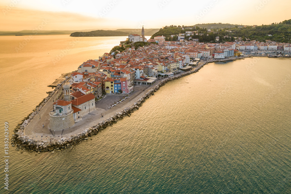 Aerial view of the Piran old town at sunrise , Slovenia