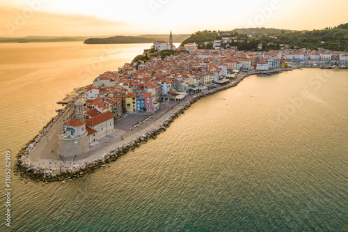 Obraz na płótnie Aerial view of the Piran old town at sunrise , Slovenia w salonie