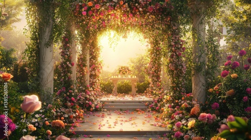 Rose arch garden wedding ceremony sunrise