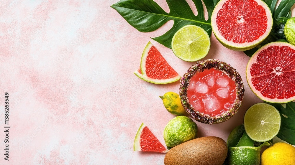 Naklejka premium Refreshing Tropical Fruit Arrangement with Citrus and Colorful Cocktails on a Pink Background