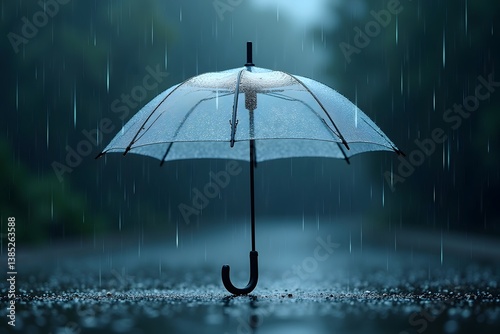 Transparent umbrella under rain against water drops splash background.