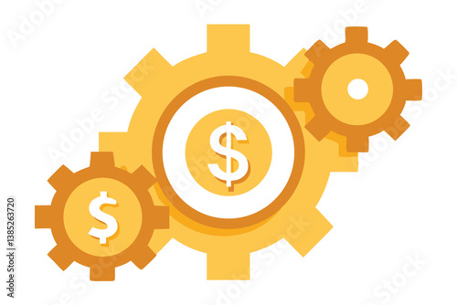 Golden Gears with Dollar Sign Icons Isolated on White Background | Gear Mechanism