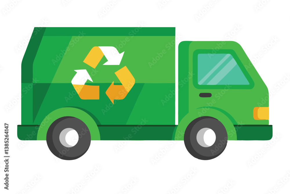 Naklejka premium Green Recycling Truck Icon with Yellow Recycle Arrows on a White Background