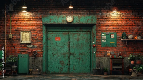 Rusty Green Doors in a Brick Alleyway