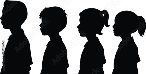 Group Silhouette Profile Kids Boys and Girls on White Background. Family Portrait
