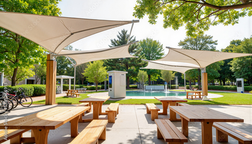 Fototapeta premium Outdoor seating area with shade sails and greenery, summer relaxation