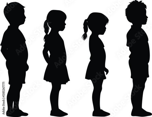 Kids Silhouette Set, Boys and Girls Side Views, Standing on Transparent Background