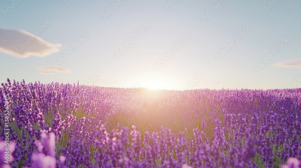 Naklejka premium Serene sunrise over a vast lavender field.
