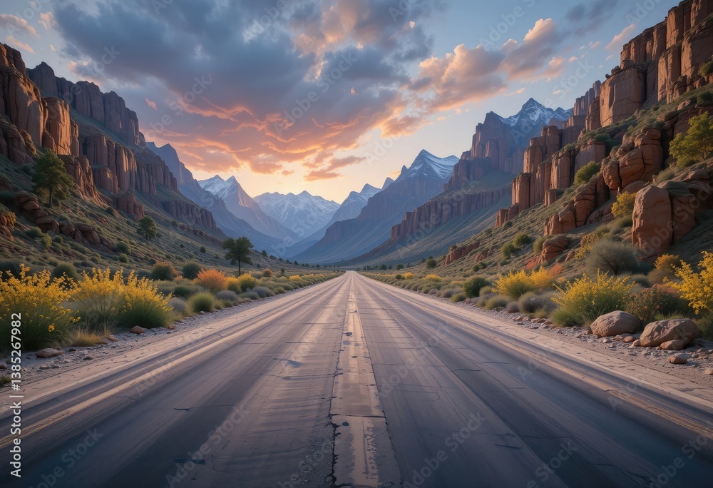 Fototapeta premium Driving on Scenic Desert Road Towards Mountains and Sunset Clouds