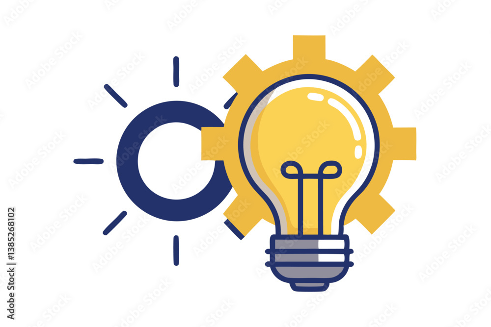 Lightbulb and Cogwheel with Sun Symbol in Blue and Yellow on White Background Lightbulb and Cogwheel with Sun Symbol in Blue and Yellow on White Background