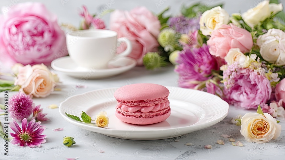 Pink macaron on white plate with cup of tea and pastel flowers creating romantic dessert and tea setting Pink macaron on white plate with cup of tea and pastel flowers creating romantic dessert and tea setting