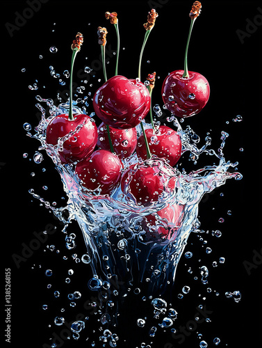 Fresh Cherries Splashed in Cool Blue Water with Dynamic Motion