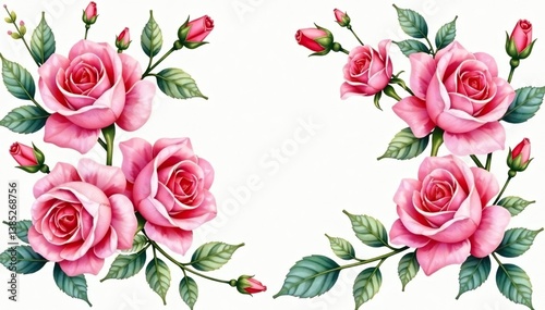 Delicate watercolor roses, intertwined leaves & buds, background, design