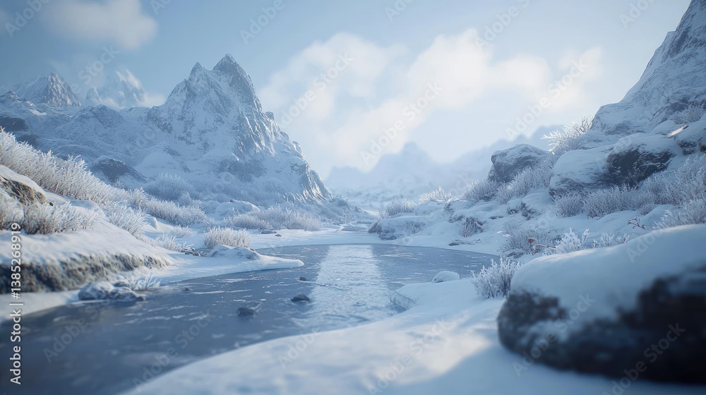 Fototapeta premium Serene winter landscape with snow-covered mountains and frozen river.