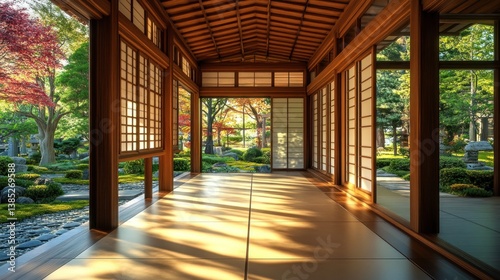 Sunlit Japanese Garden Corridor, Autumn Serenity
