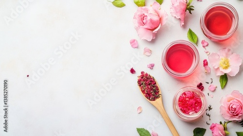 Delicate Arrangement of Rose Petals, Herbal Infusions, and Natural Ingredients on Light Background