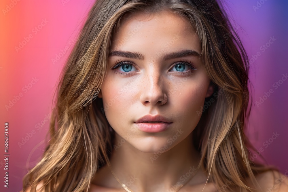 Obraz premium Beautiful young woman in a dynamic colorful background with copy space