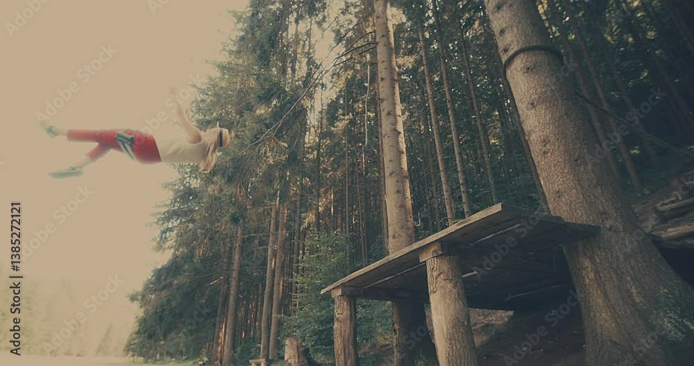 Woman Enjoying Nature on a Swing. Embraces lightness and freedom, surrounded by fresh air and greenery. Relaxation, happiness, connection to nature.