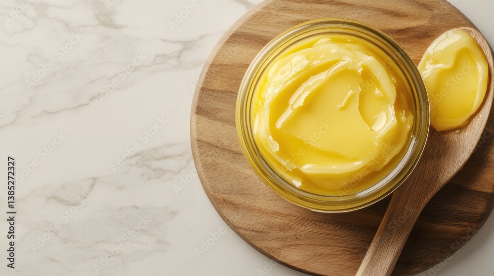Creamy Butter Spread in Glass Jar on Wooden Board with Spoon on Marble Countertop Creamy Butter Spread in Glass Jar on Wooden Board with Spoon on Marble Countertop