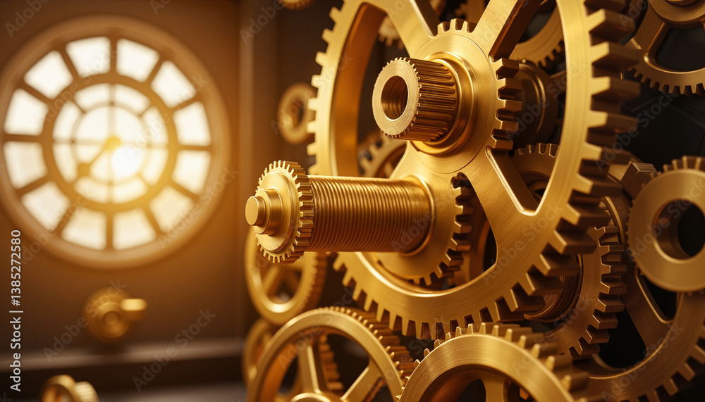 Obraz premium Interlocking brass gears in clock tower, symbolizing time in motion