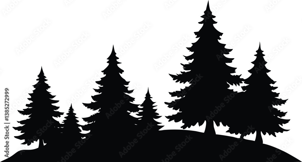 Obraz premium Pine Tree Silhouette, Dark Conifer Forest, Evergreen Landscape on Transparent Background