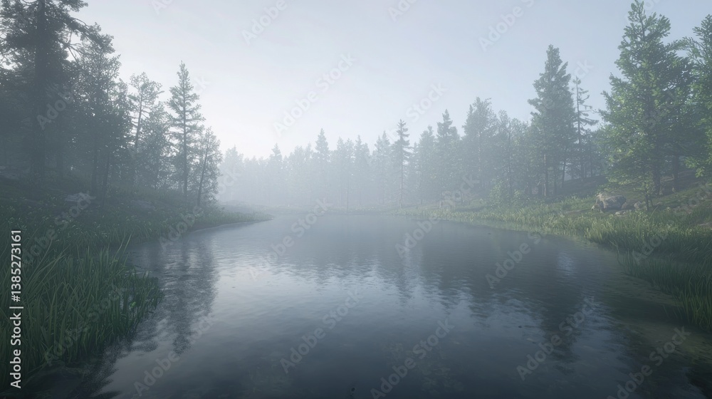 Misty morning river flowing through serene pine forest. Misty morning river flowing through serene pine forest.