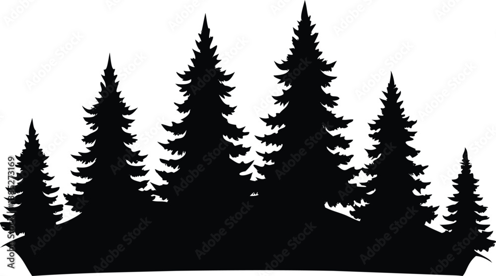 Obraz premium Pine Trees Silhouette, Evergreen Forest Landscape on Transparent Background