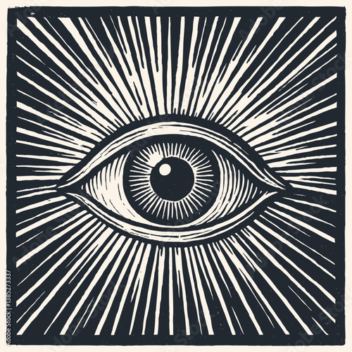 Vector illustration of an eye with radiating lines in a woodcut or linocut style. Black and white mystical all-seeing eye symbol with detailed iris and pupil centered in a square frame 