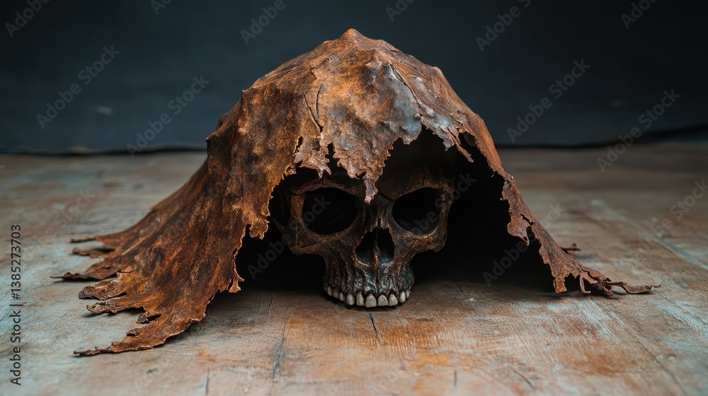 A rustic skull beneath an aged covering, with intricate details, serves as a powerful reminder of life's temporality and the beauty found even in decay's delicate layers and textures. A rustic skull beneath an aged covering, with intricate details, serves as a powerful reminder of life's temporality and the beauty found even in decay's delicate layers and textures.