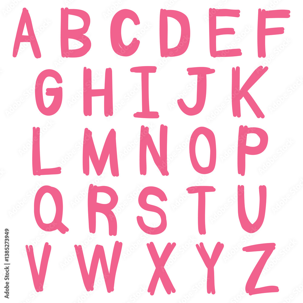 Hand drawn doodle pink english alphabet on white background. Hand drawn doodle pink english alphabet on white background.