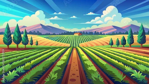 A wide-open farm landscape with rows of crops stretching toward the horizon under a bright blue sky.