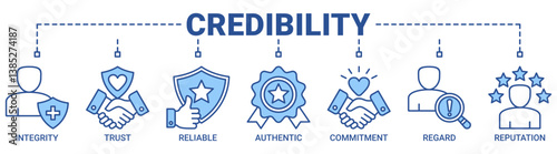 Credibility banner web icon vector illustration concept with icon of integrity, trust, reliable, authentic, commitment, regard, and reputation icons outline blue color symbol.