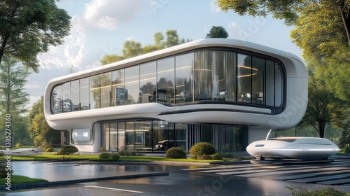 Futuristic office building, autonomous vehicle, park setting, sunny day