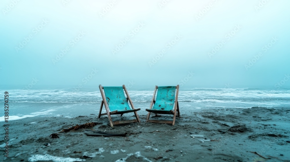 Two turquoise beach chairs are perched on wet sand, shrouded in fog, projecting an air of mystery and inviting quiet reflection by the ocean's edge. Two turquoise beach chairs are perched on wet sand, shrouded in fog, projecting an air of mystery and inviting quiet reflection by the ocean's edge.