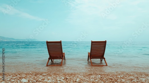 Two wooden beach chairs sit nestled on a pebbly shore, kissed by gentle waves, perfectly encapsulating summertime tranquillity beside the azure sea.
