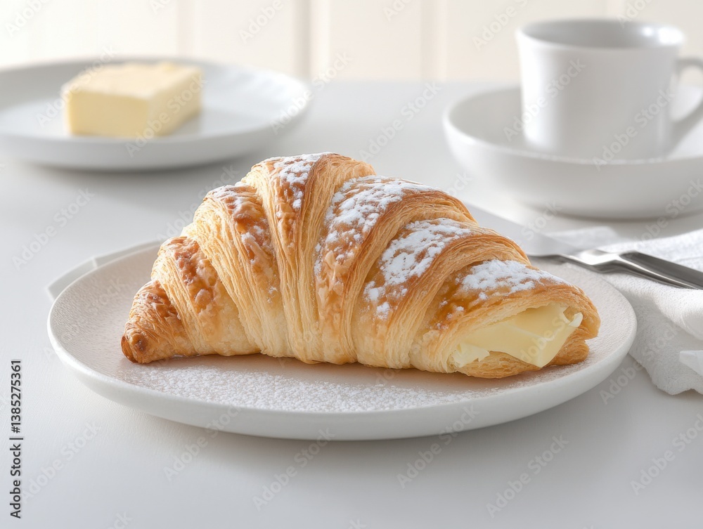 A golden croissant with a flaky texture on a white ceramic plate. Featuring simplicity and elegance A golden croissant with a flaky texture on a white ceramic plate. Featuring simplicity and elegance