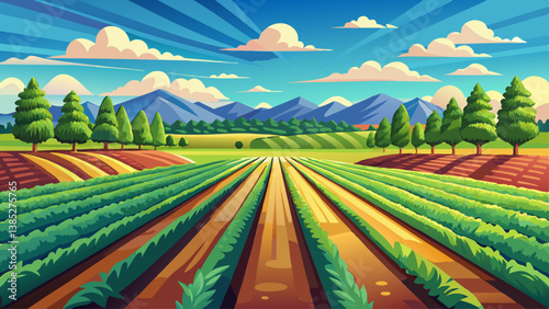 A wide-open farm landscape with rows of crops stretching toward the horizon under a bright blue sky.