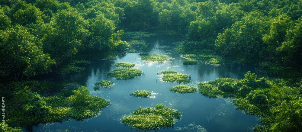 Aerial view of a serene river flowing through a lush green forest, with small islands scattered across its surface. Aerial view of a serene river flowing through a lush green forest, with small islands scattered across its surface.