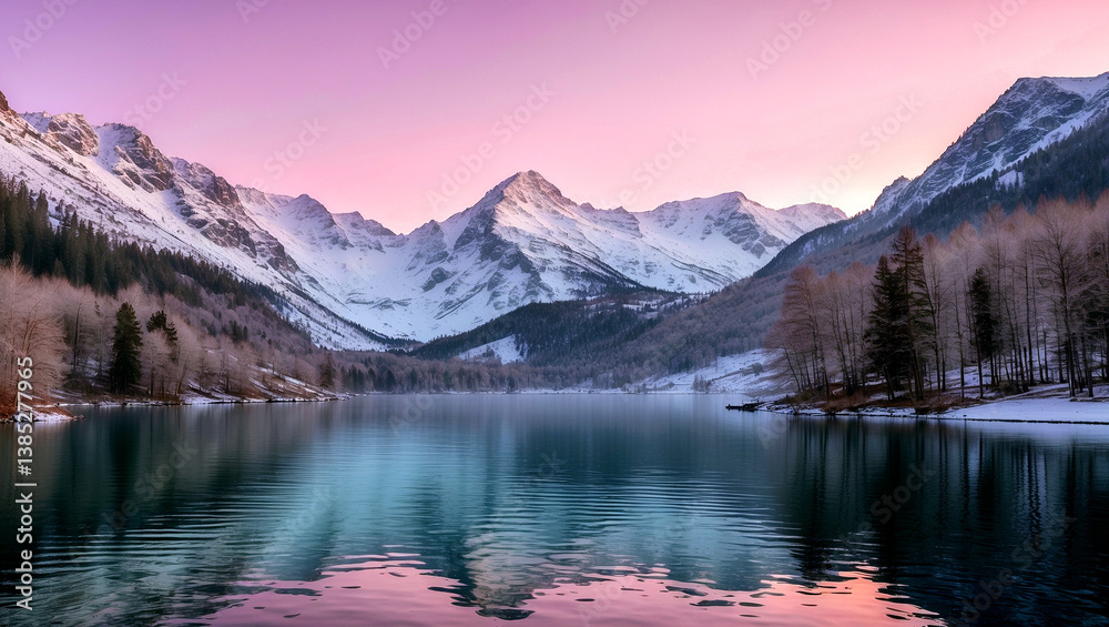 Serene mountain landscape with pink sky and calm lake Serene mountain landscape with pink sky and calm lake