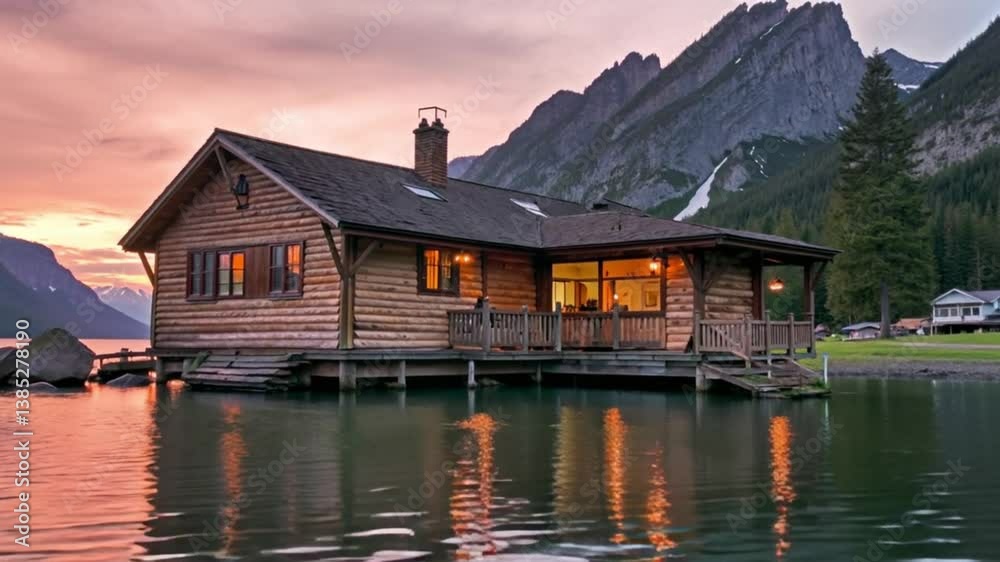 Sunset at Lakeside Cabin with Mountain Views Sunset at Lakeside Cabin with Mountain Views