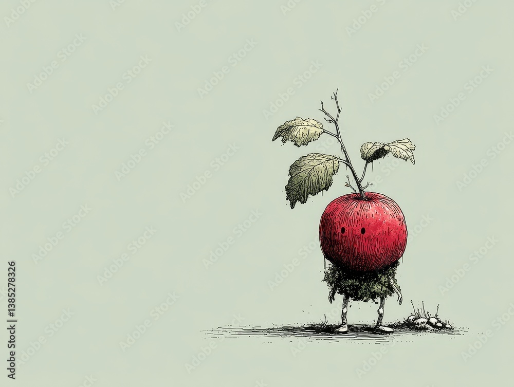 Whimsical apple character with mossy legs and leafy head for playful eco story illustration