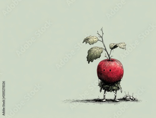 Whimsical apple character with mossy legs and leafy head for playful eco story illustration