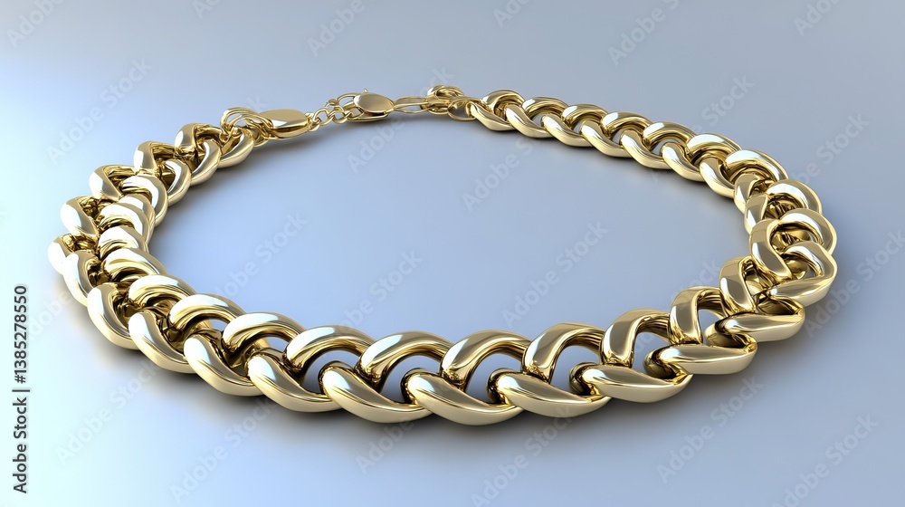 A gold necklace with unique links placed precisely on a pale blue gradient background A gold necklace with unique links placed precisely on a pale blue gradient background