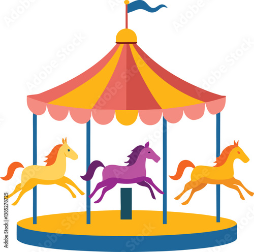 Summer park fun with a cartoon carousel of toy horses under a bright sun