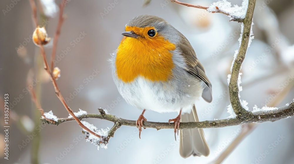 Naklejka premium European Robin perched on snowy branch
